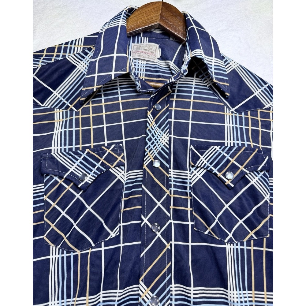 Vtg 70s H Bar C Ranchwear Western Shirt Pearl Snap Longtail Blue Plaid Men 15.5
